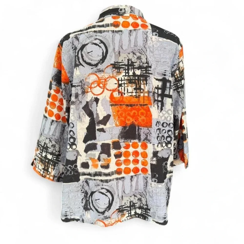 Ali Miles Art To Wear Orange &‎ Black Abstract Button Up Jacket Shirt